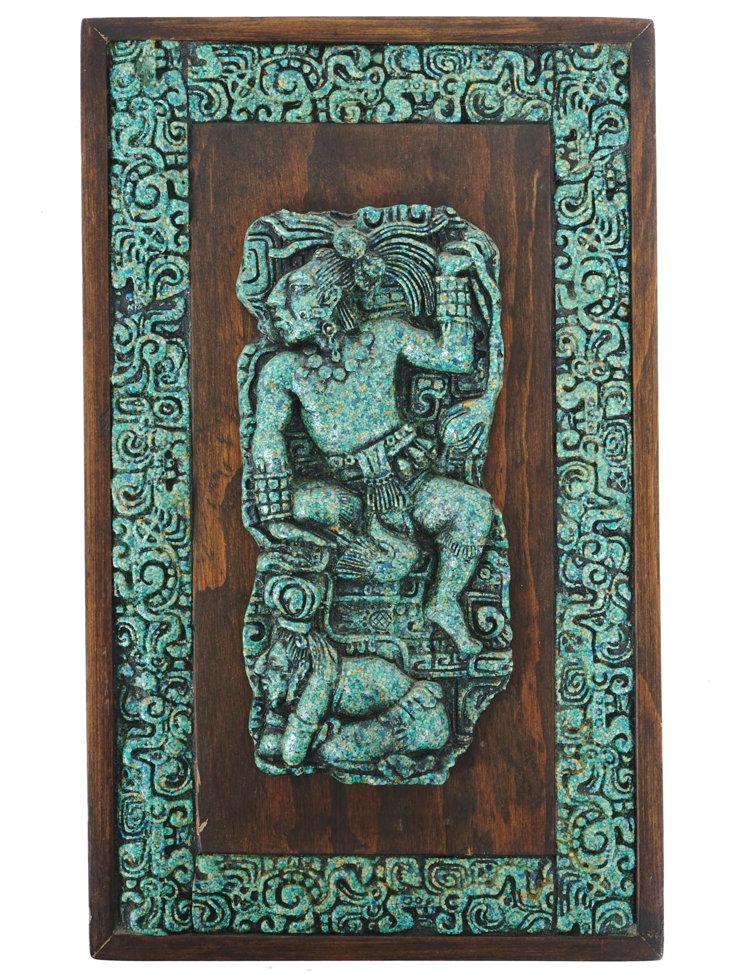 MAYAN COLORED STONE AND RESIN WOOD RELIEF PLAQUE PIC-0